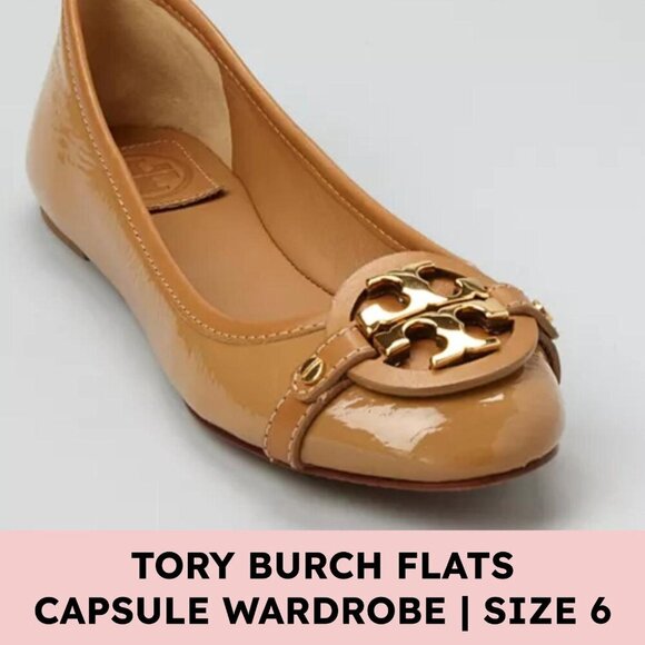 Tory Burch Aaden Ballet Flats Patent Leather Logo Beige Gold 6 Plazacore - Picture 1 of 11
